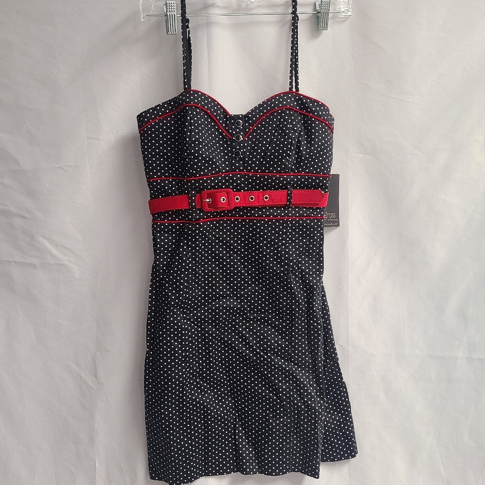 NWT Grass Collection Black Dress with White Polka dots and red trimming